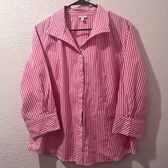 Talbots Womens button down Blouse, Pink and White Striped Collard top Size 16‎ - Picture 1 of 5